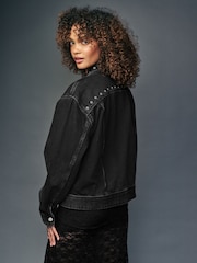 Black Eyelet Oversized Denim Trucker 100% Cotton Jacket - Image 4 of 7