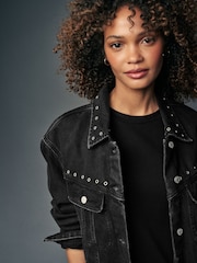 Black Eyelet Oversized Denim Trucker 100% Cotton Jacket - Image 5 of 7