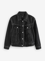 Black Eyelet Oversized Denim Trucker 100% Cotton Jacket - Image 6 of 7