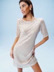 Cream Short Sleeve Sequin Dress - Image 1 of 7
