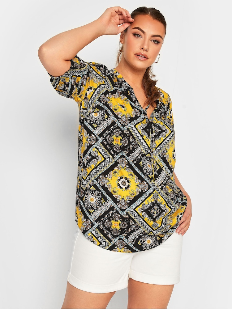 Yours Curve Yellow Floral Print Tie Neck Blouse - Image 1 of 4