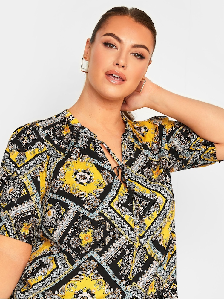 Yours Curve Yellow Floral Print Tie Neck Blouse - Image 4 of 4