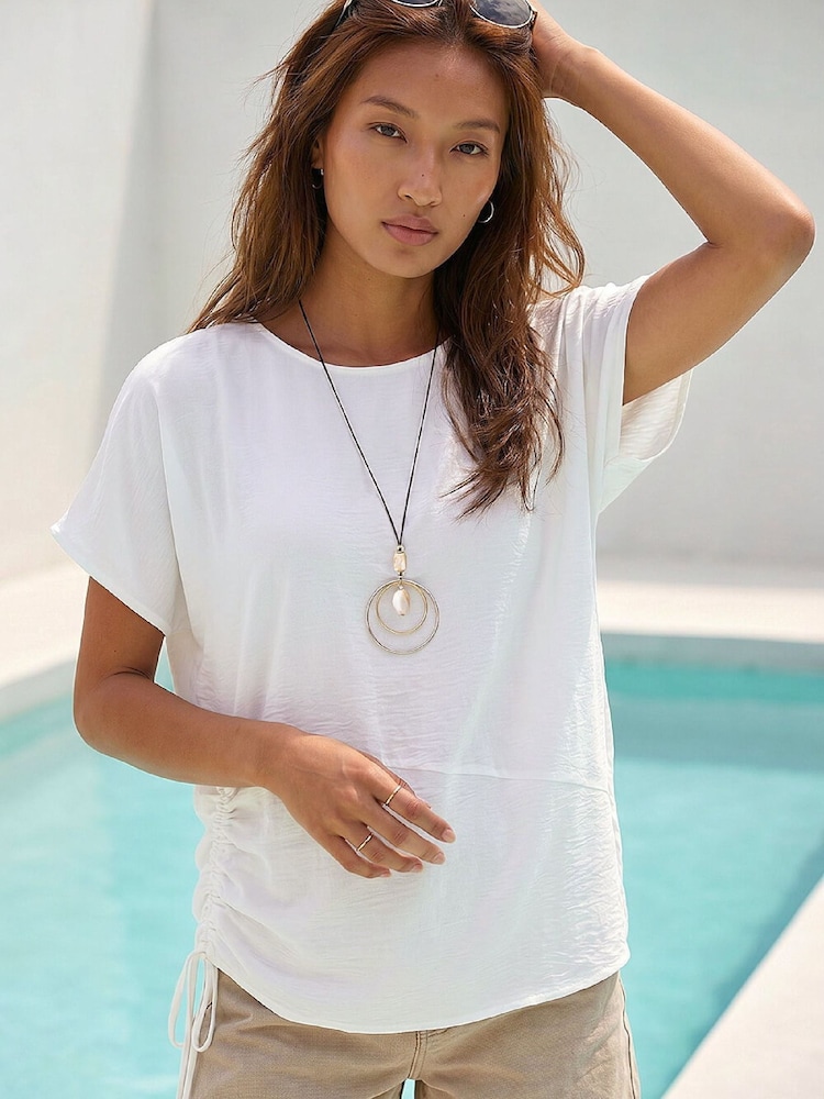 Roman White Side Ruched Necklace Tunic Top - Image 1 of 4