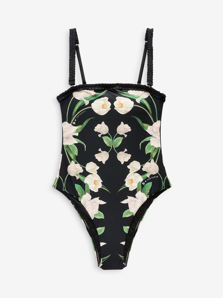 B By Ted Baker Tummy Control Floral Ruffle Trim Black Swimsuit - Image 6 of 6