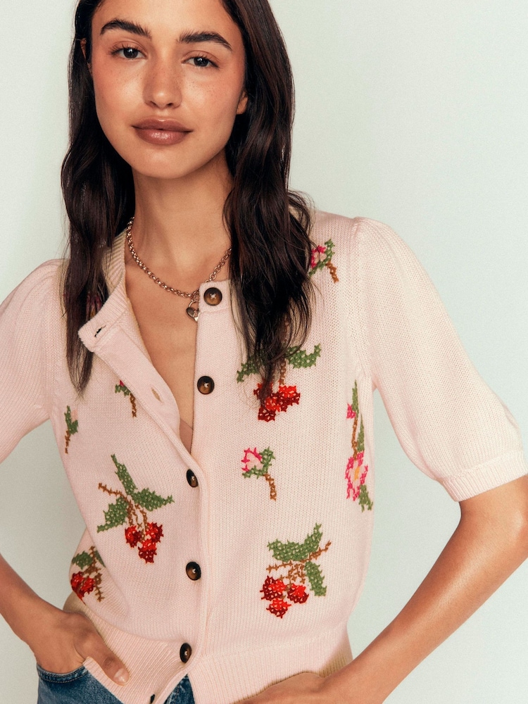 Boden Cream Puff Sleeve Cotton Cardigan - Image 1 of 6 Boden Cream Puff Sleeve Cotton Cardigan - Image 1 of 6