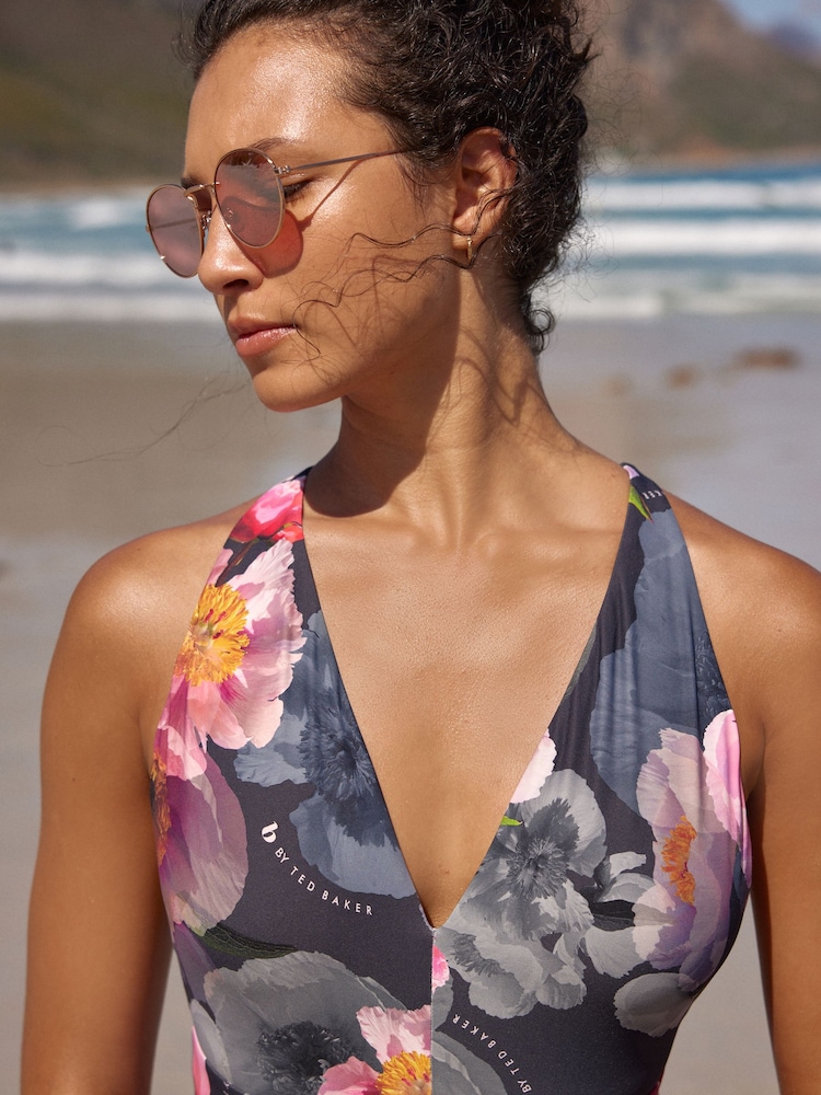 B By Ted Baker Pink/Navy Tummy Control Posie Plunge Swimsuit - Image 2 of 5