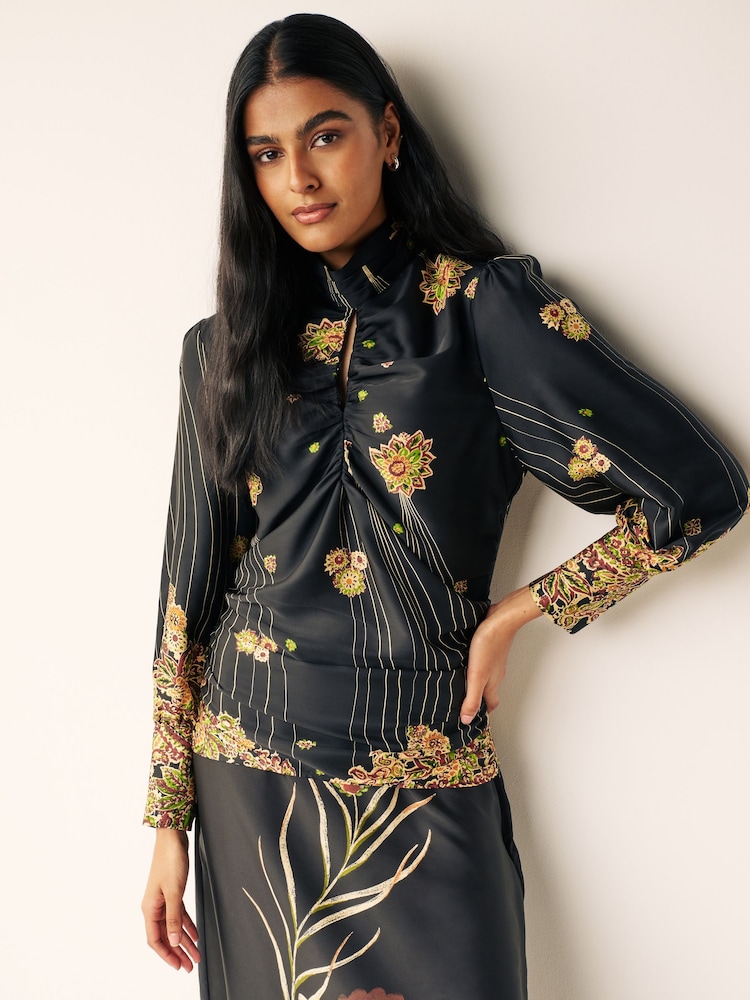 Black Paisley Print Keyhole Blouse - Image 1 of 7