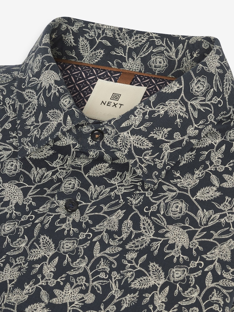 Navy Blue/Neutral Brown Floral Printed Linen Blend Shirt - Image 7 of 7 Navy Blue/Neutral Brown Floral Printed Linen Blend Shirt - Image 7 of 7