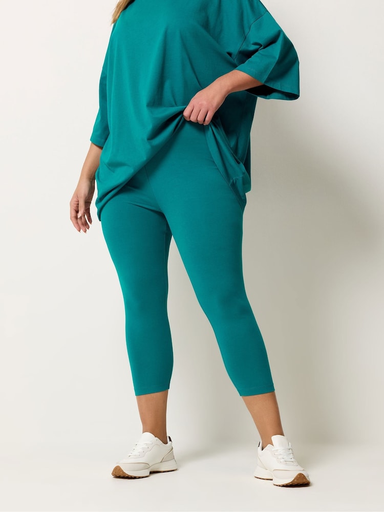 Yours Curve Blue Elasticated Waist Cropped Leggings - Image 1 of 5 Yours Curve Blue Elasticated Waist Cropped Leggings - Image 1 of 5