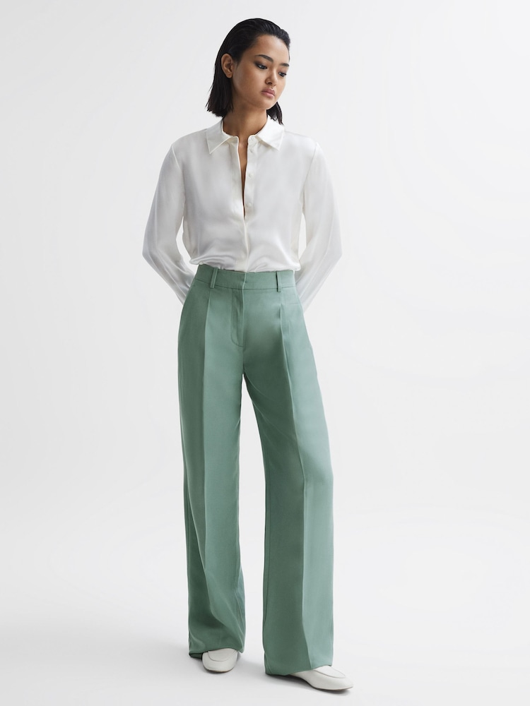 Reiss Teal Talia Petite Linen Blend Wide Leg Trousers - Image 1 of 6