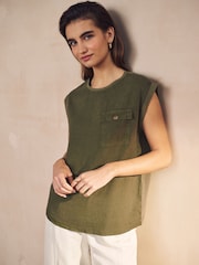 Khaki Green Linen Blend Summer Front Pocket 100% Cotton Top - Image 1 of 7