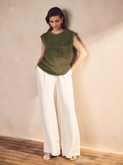 Khaki Green Linen Blend Summer Front Pocket 100% Cotton Top - Image 2 of 7