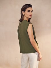 Khaki Green Linen Blend Summer Front Pocket 100% Cotton Top - Image 3 of 7