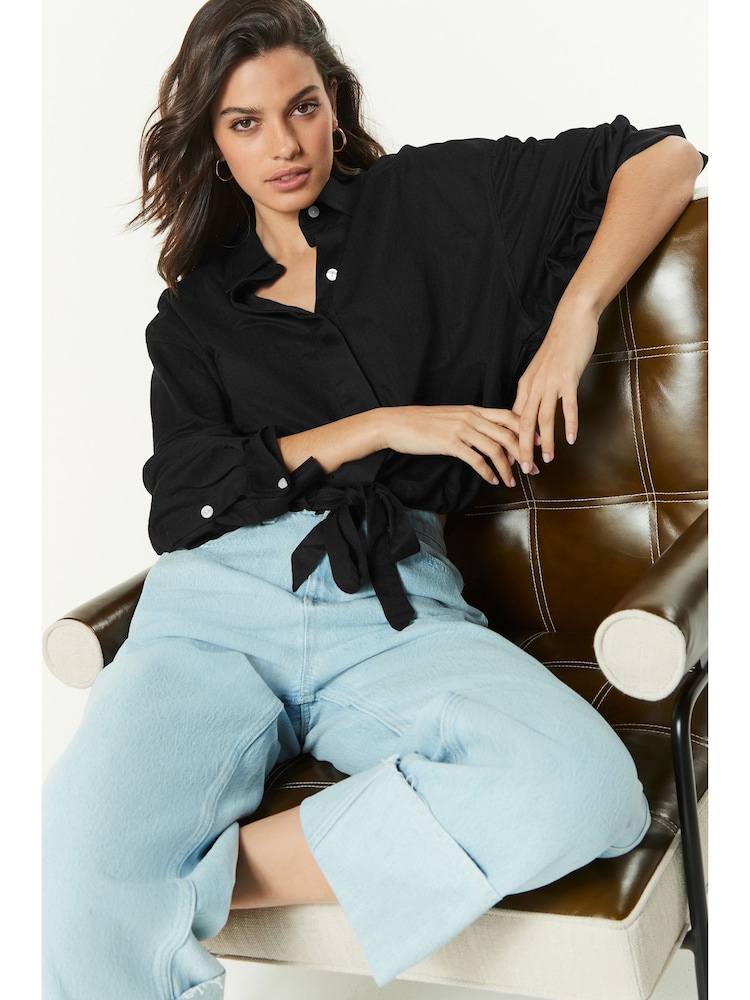 Black Relaxed Fit Drawstring Hem Shirt - Image 1 of 6