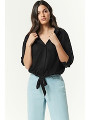 Black Relaxed Fit Drawstring Hem Shirt - Image 2 of 6