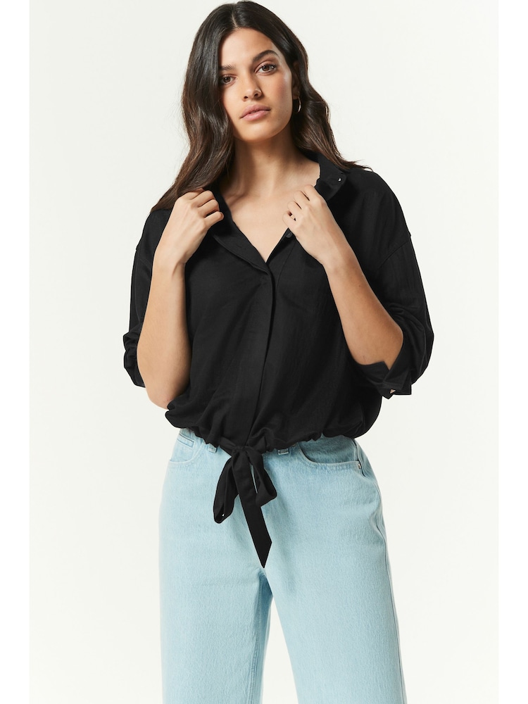 Black Relaxed Fit Drawstring Hem Shirt - Image 2 of 6