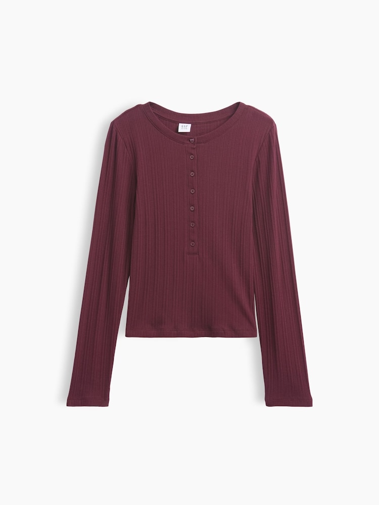Burgunderrot - Gap Rib Henley Long Sleeve T-Shirt (5-13yrs) - Bild 1 von 2