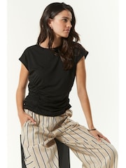 Black Ruched Cap Sleeve Top - Image 1 of 6