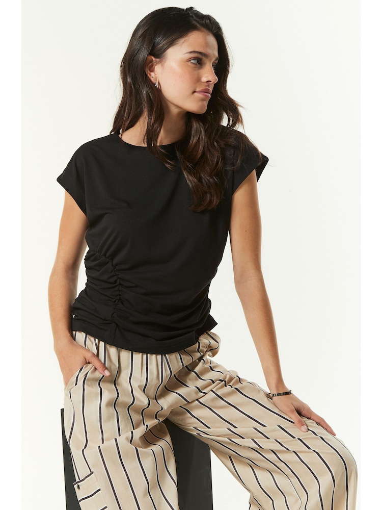 Black Ruched Cap Sleeve Top - Image 1 of 6