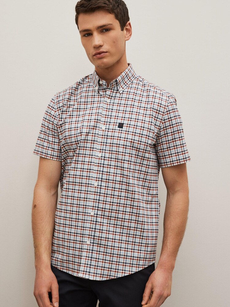 White/Blue/Red Short Sleeve Gingham Stretch Oxford Shirt - Image 1 of 7