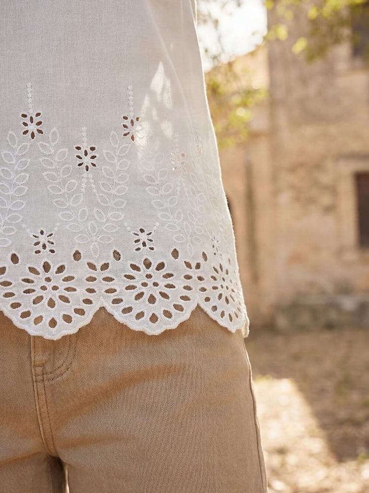 Roman White Cotton Broderie Hem Top - Image 4 of 4