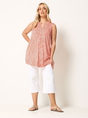 Yours Curve Orange Floral Ikat Print Sleeveless Swing Blouse - Image 3 of 5