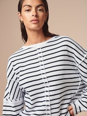 Navy/White Stripe Seam Detail Waffle 100% Cotton Top - Image 1 of 7