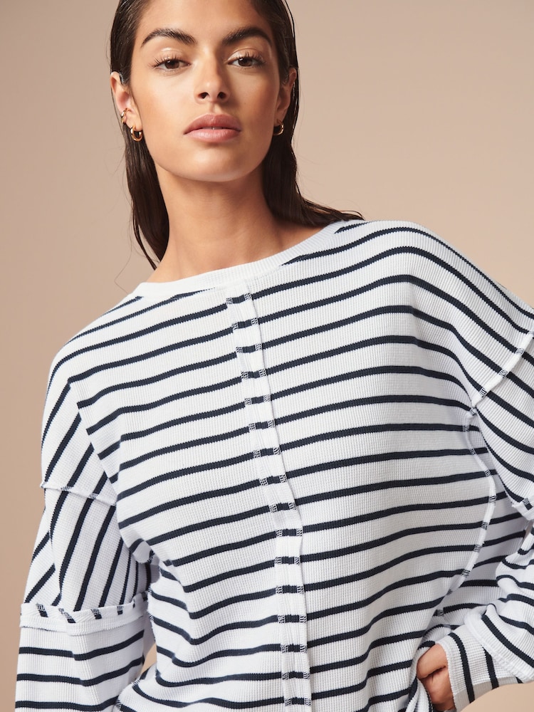 Navy/White Stripe Seam Detail Waffle 100% Cotton Top - Image 1 of 7