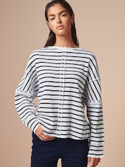 Navy/White Stripe Seam Detail Waffle 100% Cotton Top - Image 2 of 7