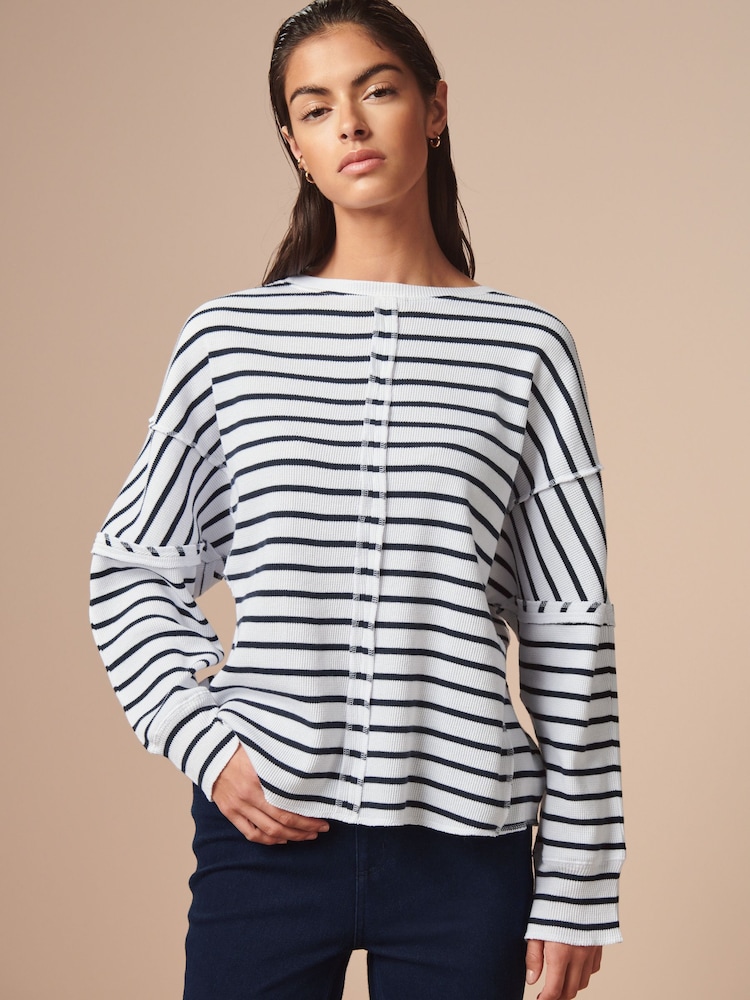 Navy/White Stripe Seam Detail Waffle 100% Cotton Top - Image 2 of 7