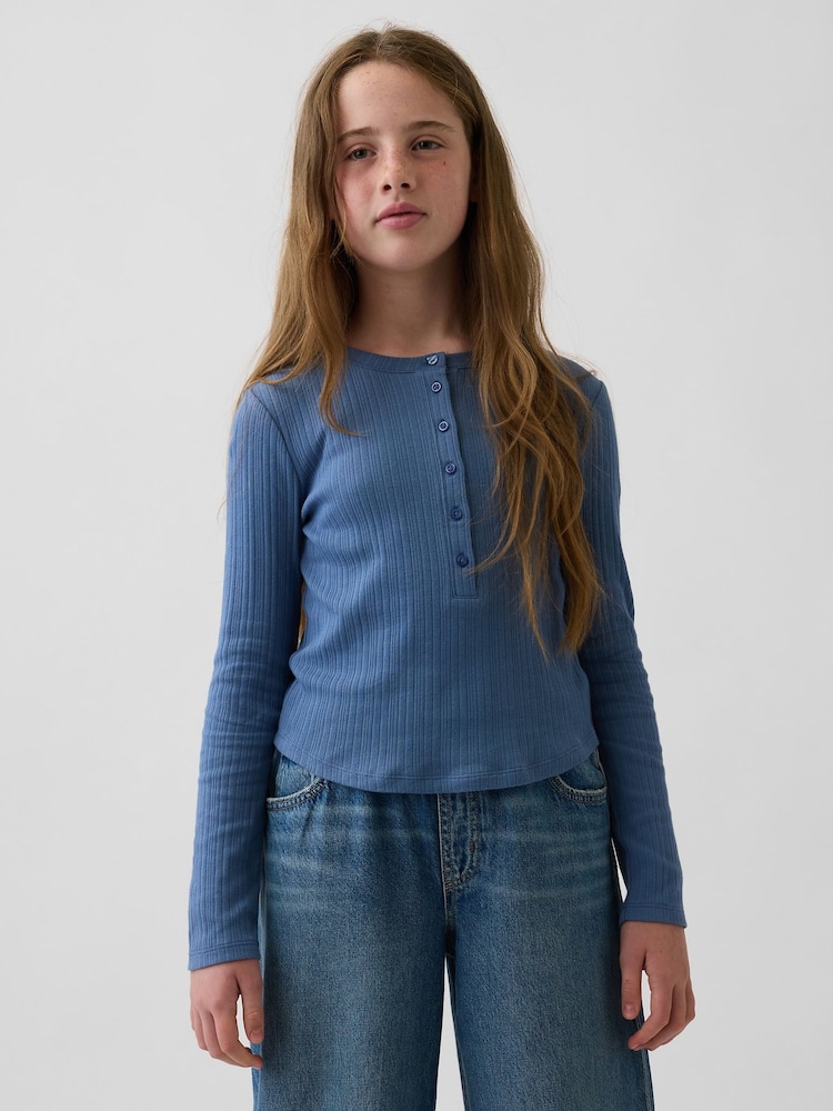 Blau - Gap Rib Henley Long Sleeve T-Shirt (5-13yrs) - Bild 1 von 4