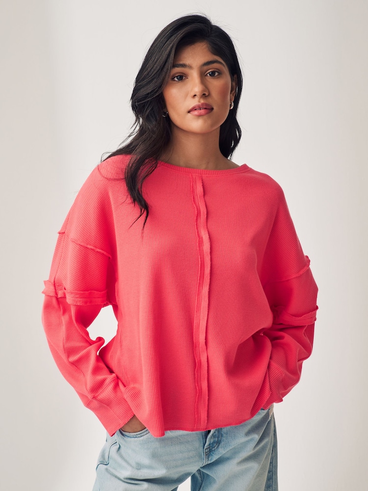 Pink Seam Detail Waffle 100% Cotton Top - Image 1 of 5 Pink Seam Detail Waffle 100% Cotton Top - Image 1 of 5