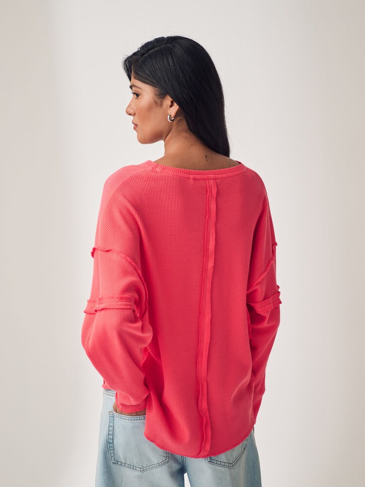 Pink Seam Detail Waffle 100% Cotton Top - Image 2 of 5 Pink Seam Detail Waffle 100% Cotton Top - Image 2 of 5