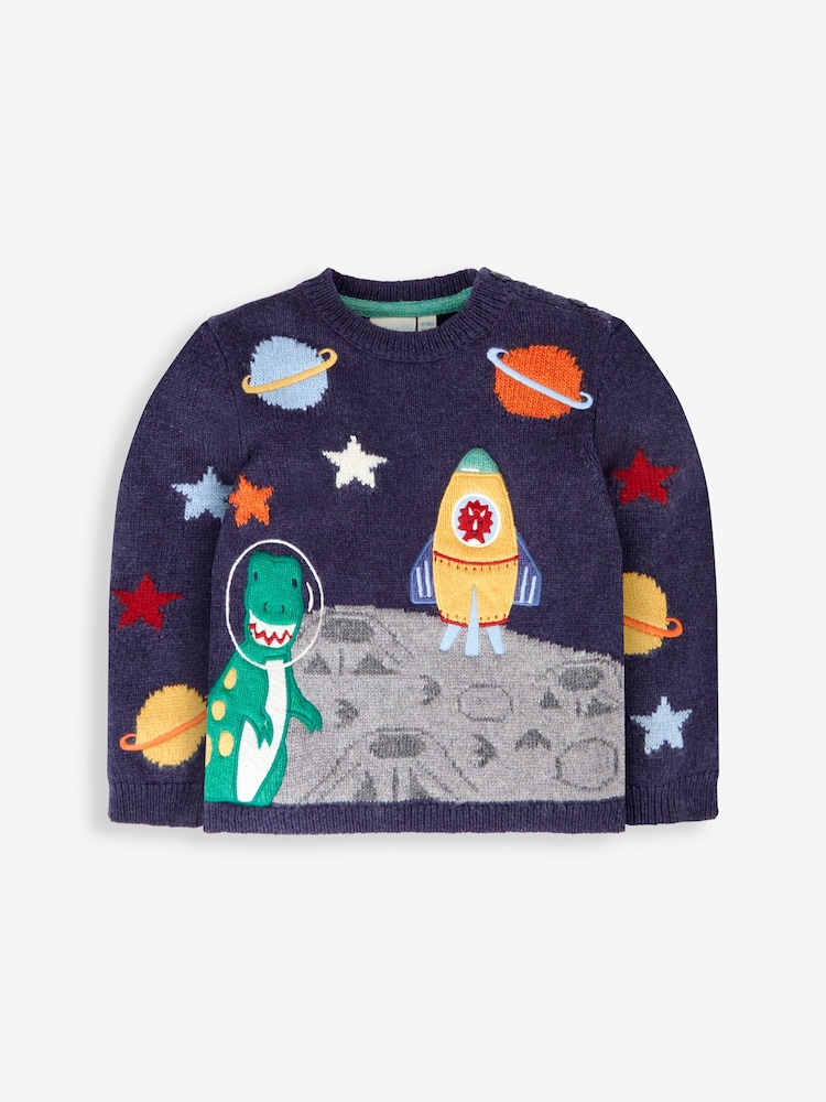 JoJo Maman Bébé Navy Blue Space Dino Appliqué Scene Jumper - Image 1 of 3