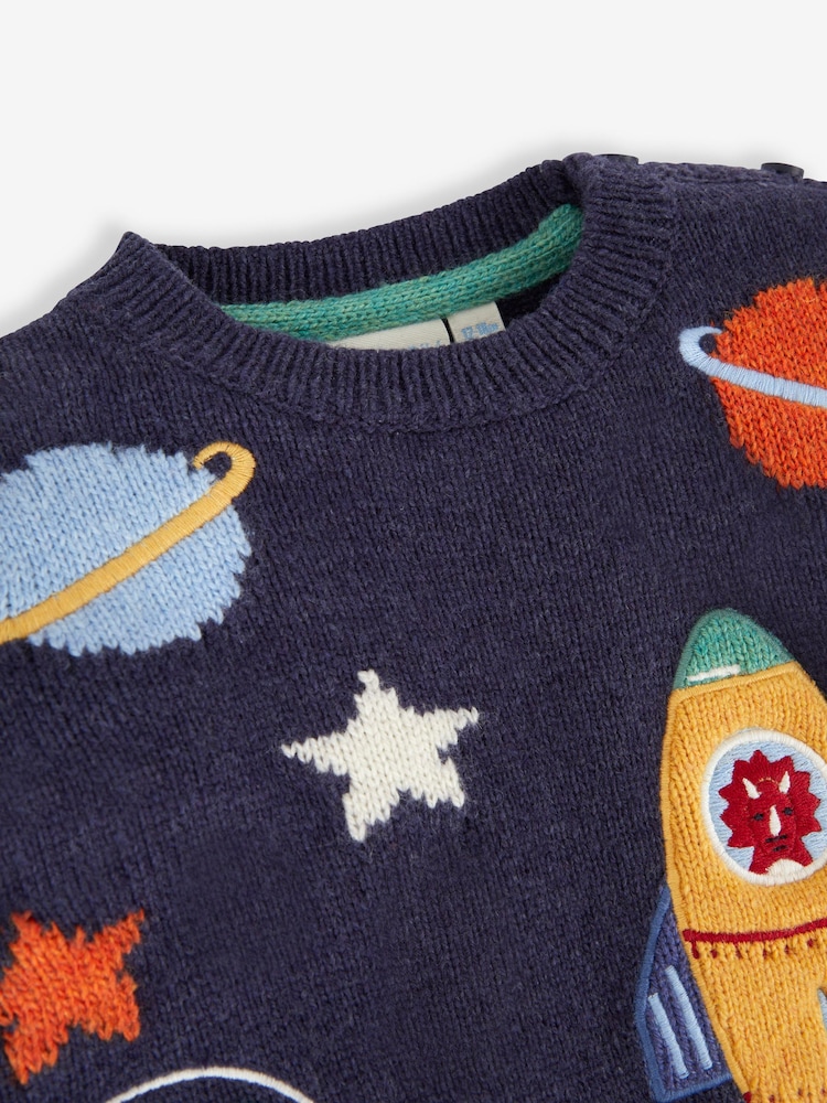JoJo Maman Bébé Navy Blue Space Dino Appliqué Scene Jumper - Image 2 of 3