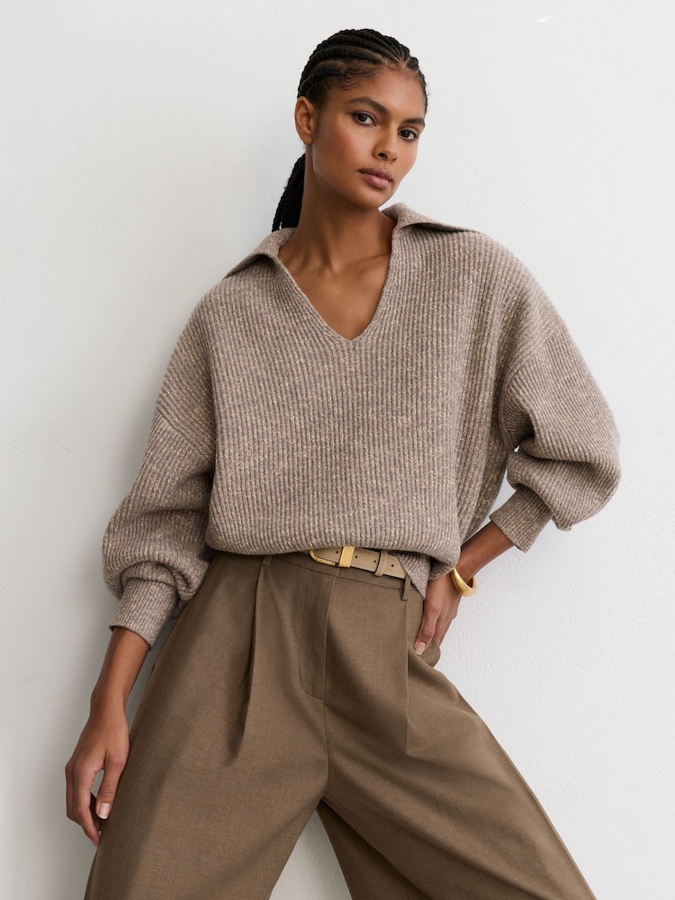 Reiss Twyla Wool-Cotton Rib-Knit Open-Collar Jumper - Պատկեր 1 7-ից