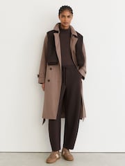 Reiss Dark Chocolate Brown Abigail Premium Interlock Barrel-Leg Joggers - Image 1 of 6