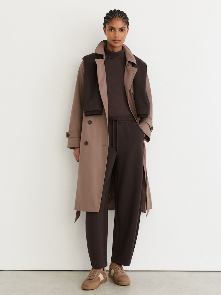 Reiss Dark Chocolate Brown Abigail Premium Interlock Barrel-Leg Joggers - Image 1 of 6