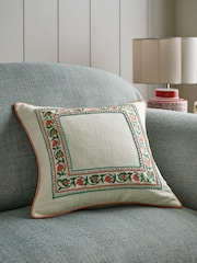 Nina Campbell Coral Pink Suzani Floral Embroidered Border Feather Filled Cushion - Image 1 of 4