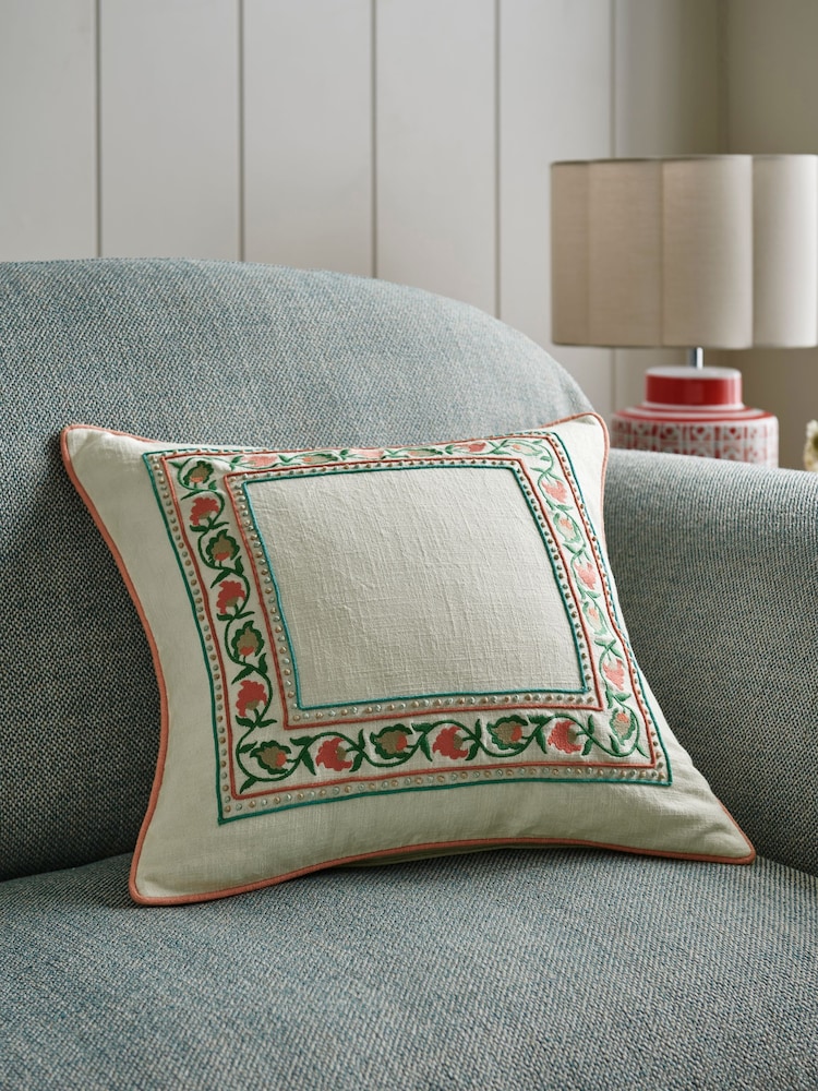 Nina Campbell Coral Pink Suzani Floral Embroidered Border Feather Filled Cushion - Image 1 of 4