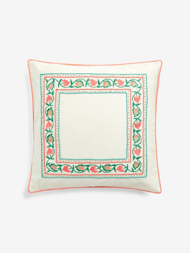 Nina Campbell Coral Pink Suzani Floral Embroidered Border Feather Filled Cushion - Image 2 of 4