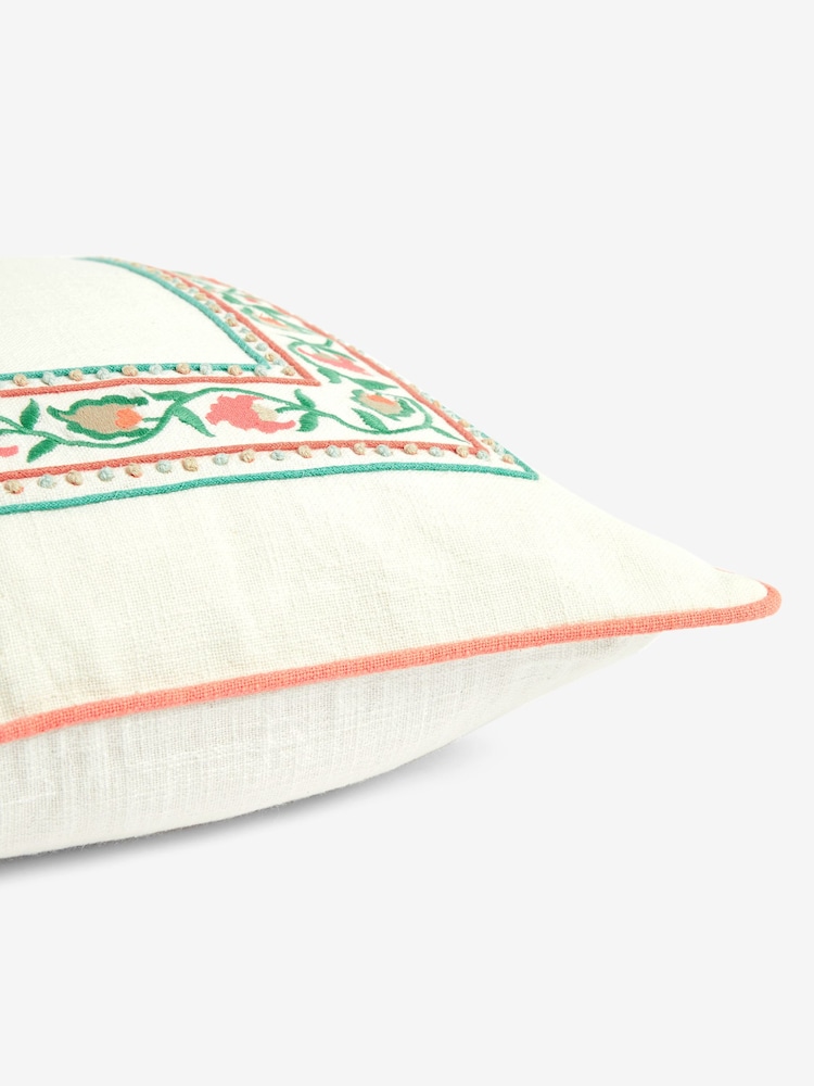 Nina Campbell Coral Pink Suzani Floral Embroidered Border Feather Filled Cushion - Image 4 of 4