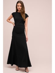 Black Ruched Cap Sleeve A-Line Maxi Dress - Image 1 of 6