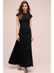 Black Ruched Cap Sleeve A-Line Maxi Dress - Image 2 of 6