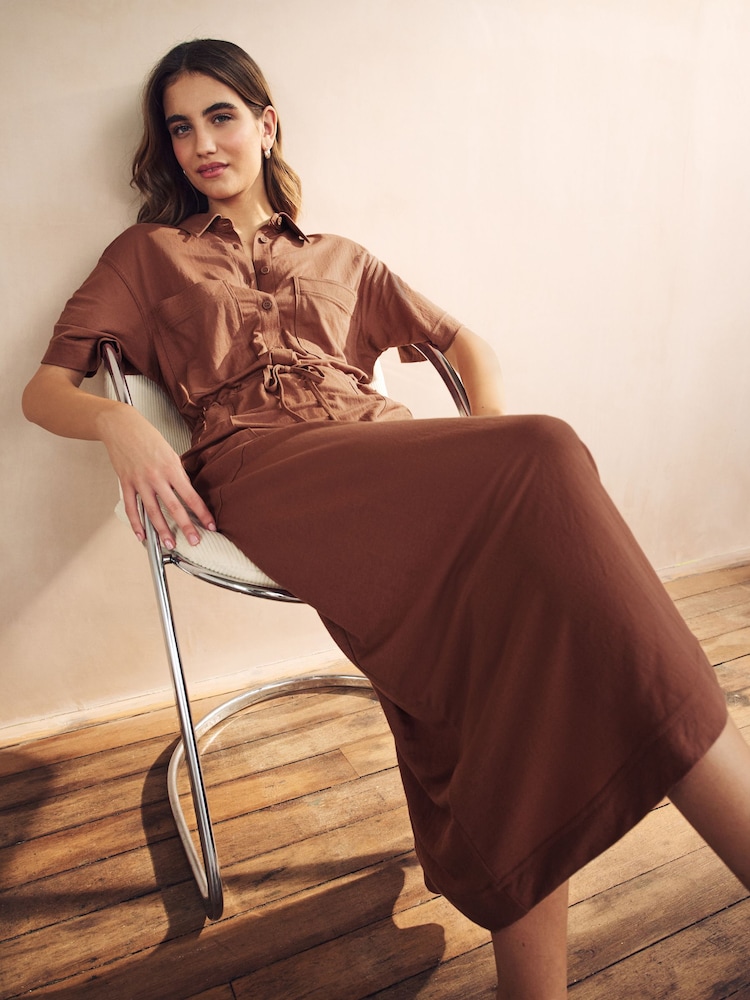 Rostbraun - Midi-Hemdkleid im Utility-Stil - Bild 1 von 6