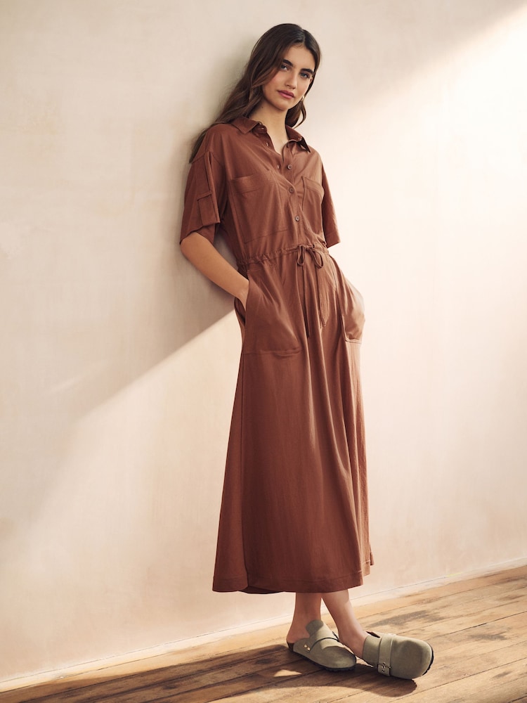 Rostbraun - Midi-Hemdkleid im Utility-Stil - Bild 2 von 6
