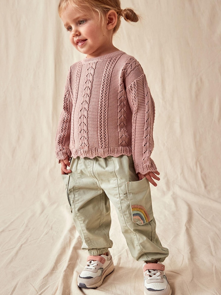 Sage zelena - Vezene kargo hlače (z žepi na hlačnicah) (3mths-7yrs) - Slika 1 iz 7