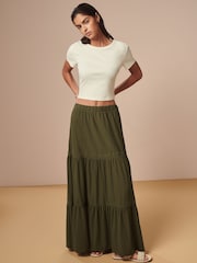 Khaki Green Textured 100% Cotton Maxi Skirt With Crochet Trim - Image 1 of 6