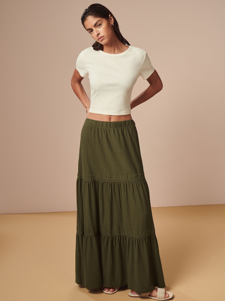Khaki Green Textured 100% Cotton Maxi Skirt With Crochet Trim - Image 1 of 6