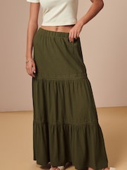 Khaki Green Textured 100% Cotton Maxi Skirt With Crochet Trim - Image 2 of 6